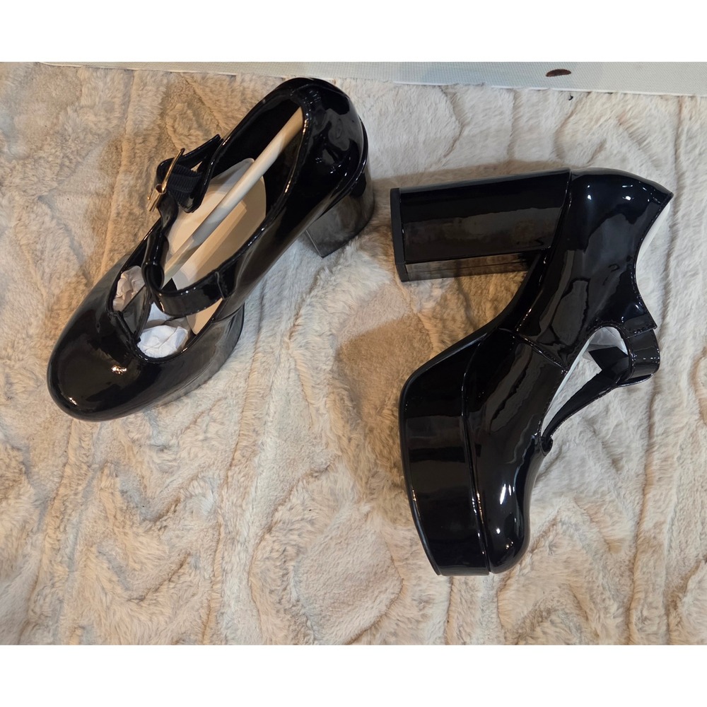 Black Patent T-Strap Platform Mary Jane Pumps Chunky Block Heel Gothic Size 6 - Picture 2 of 16